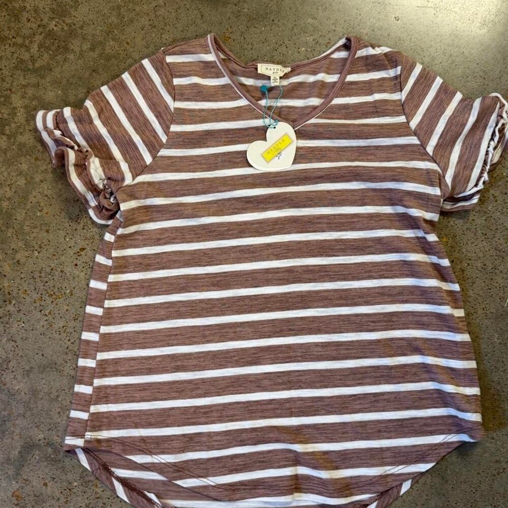 NWT Brown + white striped Hayden Girls top with ruffle sleeves and a flowy fit.
